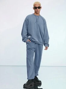 Mainfolk Men's 2pcs Knitted Loose Fit Drop Shoulder Streetwear Sweatshirt & Pants Set,Slate Blue,Autumn,Holiday,Round Neck Long Sleeve Pullover,Fall Winter - Baby Blue - View 2