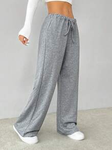SHEIN PETITE Drawstring Waist Slant Pocket Baggy Sweatpants - Grey - View 6