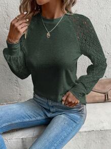 SHEIN Clasi Women's Solid Color Contrast Lace Raglan Sleeve Casual Top, Spring And Summer - Dark Green - View 4