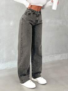 SHEIN Tall Women's V-Neck Long Sleeve Fitted Elegant Top And Button Belt Band Straight Leg Casual Jeans - Grey - View 3