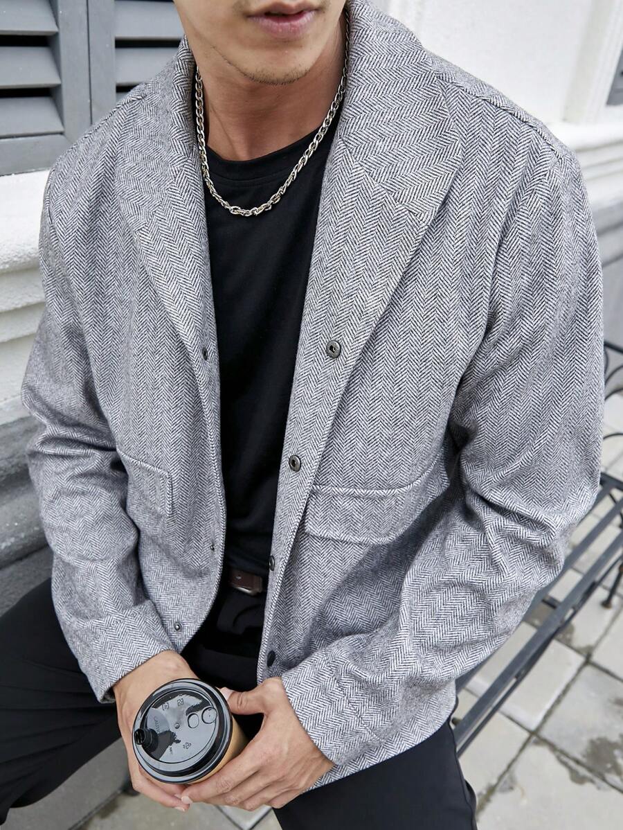 Manfinity Homme 男士休闲人字纹灰色夹克，秋季 - 灰色 - 查看 1