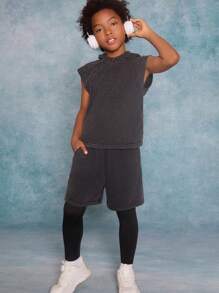 SHEIN Tween Boy Knitted Hooded T-Shirt And  2 In 1 Sports Pants Set, 2pcs - Black and White - View 4
