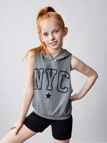 SHEIN Tween Girl Knitted Plain Crop Top Tank Top, With Letter Print Sleeveless Hooded Tank Top, 2pcs/Set - Grey - View 3