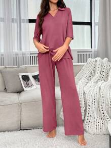 EasyFave Women's Solid Color Loose V-Neck Pajama Set Outfit - Pink - View 4