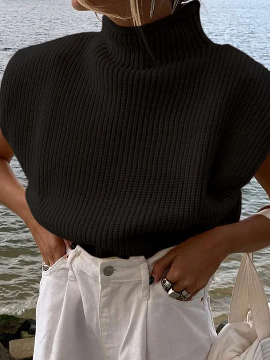 INAWLY Women's Solid Color Stand Collar Cap Sleeve Loose Casual Knit Sweater, Spring & Autumn,Sleeveless Tops, Knit Pullover Fall Winter - Black - View 1