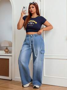 SHEIN EZwear Plus Size Vrouwen Trekkoord Taille Cargo Zak Wijde Pijpen Relaxed Casual Baggy Jeans