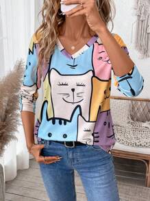 EMERY ROSE Camiseta de punto con cuello en V con estampado de gato lindo para mujeres, multicolor
