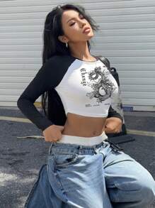 SHEIN EZwear Women's Raglan Sleeve Dragon Pattern Cropped Tee, Suitable For Spring And Autumn Back To School Autumn And Winter - Black and White - View 4