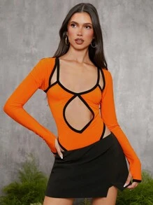 evoluSHEIN X Anitta VICTOR VON SCHWARZ Designer Contrasted Binding Cut-Outs Thumb Hole Long Sleeve Bodysuit, Holiday, Thanksgiving, Spring & Summer, Festival