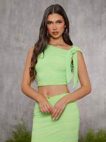 evoluSHEIN X Anitta Jheni Designer Women Striped Twist Knot Asymmetrical Neck Sleeveless Cropped Fitted Tank Top, Holiday, Festival
