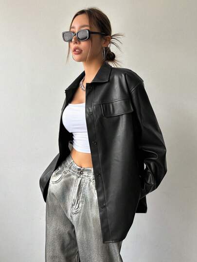 DAZY Women Loose PU Collar Shirt Style Jacket, Spring Summer Autumn,Fall Women Clothes Long Sleeve Top Leather Jacket