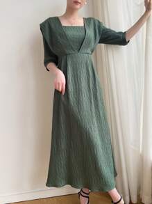 Mulvari Vestido informal largo de mangas medianas y cuello redondo de color liso para mujer