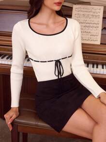 Vintamour Vintage Elegant Women's Sweater, Autumn/Winter, Slim Fit Contrast Trim Long Sleeve Beige Thanksgiving Fall Winter Sweater - Black and White - View 1