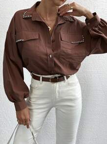 EURMUSE Women's Rhinestone Detail Drop Shoulder Blouse - Beige - View 3