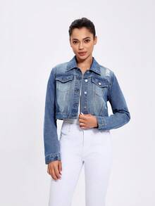 Women's Spring And Autumn Long Sleeve Single-Breasted Distressed Casual Short Denim Top - Blue - View 3