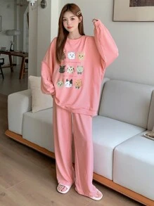 DAZY 可爱卡通印花连帽衫套装，可爱睡衣套装 - 粉色 - 查看 7