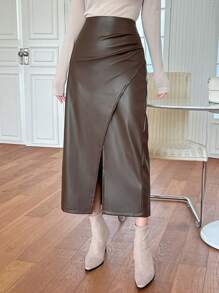 DAZY 女士纯色不对称设计休闲半身裙，铅笔裙，皮裙 - 咖啡棕 - 查看 1