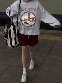 DAZY Sweatshirt Kasual Longgar Lengan Panjang Kerah Bulat Wanita dengan Cetakan Huruf, Pakaian Musim Gugur - Grey - View 3