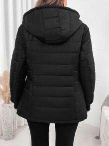 SHEIN LUNE Abrigo con capucha acolchado de manga larga en color negro para mujer de talla grande, con forro polar para abrigar en invierno. Chaqueta y parka acolchada, empaquetable y liviana, con cremallera completa y capucha. Abrigo acolchado de invierno resistente al agua de manga larga para mujer. Chaqueta de invierno 2024 con bolsillos, abrigos abultados, outfit para vacaciones