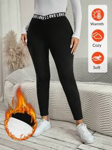 SHEIN LUNE سروال حرارية مبطن مطبوع عليه رسائل للمقاسات الكبيرة، ملابس رياضة في الخريف والشتاء، ملابس مطار للنساء، ملابس خريفية - الأسود - مشاهدة 4