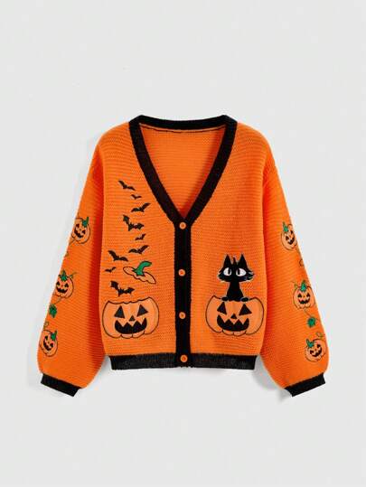 Cardigan brodé mignon pour filles avec citrouille d'Halloween, chauve-souris et chat noir