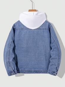SHEIN 青少年男孩时尚休闲基础复古蓝色宽松牛仔长袖夹克，适合日常穿着和秋装 - 藍色 - 查看 2
