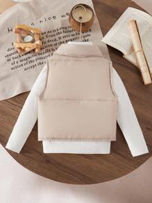 2 peças de colete acolchoado sem gola damasco para meninas e blusas brancas de manga comprida com gola alta, roupas de irmãos de outono e inverno (vendidas separadamente)