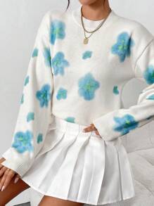 Chiquease Pull casual à manches longues, col rond et épaules tombantes avec motif floral, pour femme, automne/hiver