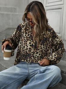 Aveloria Vintage Chic Random Leopard Floral V-hals Lantaarnmouw Strikmanchet Lange Mouw Blouse