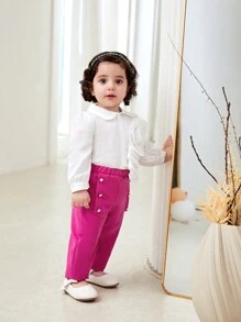 Baby Girl Casual White Floral Print Shirt & Fuchsia Trousers 2 Pcs Set, Autumn/Winter - Hot Pink - View 4