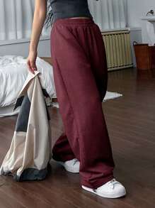 DAZY 女士时尚松紧腰休闲宽松纯色长裤，宽松裤 - 酒紅色 - 查看 5
