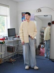 Claim Dot Casual Retro Loose Fit Light Khaki Denim Men's Shirt - Dusty Blue - View 4