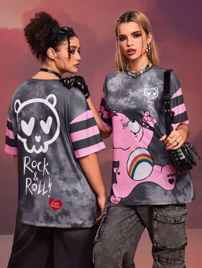 SHEIN X Care Bears Designer Plus Size 1pc Women Casual Cartoon Bear & Tie-Dye Print Drop Shoulder Short Sleeve T-Shirt, Summer, Holiday, Thanksgiving, Festival