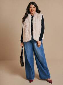 Elaquor Plus Size Open Front Fashionable Sleeveless Casual Elegant Fluffy Jacket - Apricot - View 7