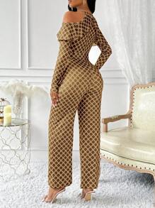 Lyxana Mono elegante de manga larga con volantes, cinturón y estampado vintage de toda la prenda para mujer