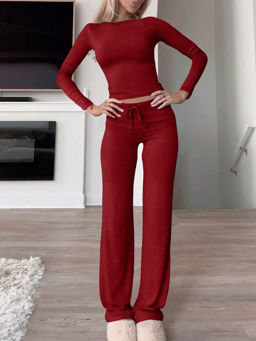 2pcs Women's Solid Color Slim Fit Long Sleeve T-Shirt And Pants Set - Màu Đỏ Sâu - Xem 1
