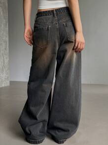 DAZY 女式做旧宽松直筒牛仔裤、宽松牛仔裤 - 藍色 - 查看 4