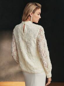 MOTF Soiréza LACE CONTRAST SEQUIN MOCK NECK LANTERN SLEEVE PARTY TOP