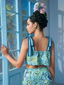 VALERIA GALIPOLI Frida Kahlo X SHEIN X Designer Floral Print Knot Shoulder Crop Cami Top, Holiday - Multicolor - View 2