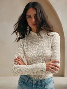 Anewsta 女士优雅通勤小黄花白色蕾丝褶皱上衣 - 米色 - 查看 6