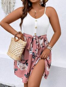 SHEIN Holidaya Váy ngủ họa tiết hoa màu khối thường ngày cỡ lớn cho kỳ nghỉ - Hồng - Xem 3