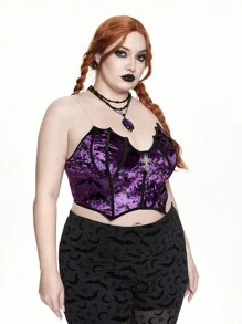 ROMWE Goth 大码女式哥特式和蝙蝠印花吊带背心短款上衣，万圣节 - 紫色 - 查看 6