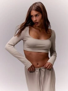 MUSERA Scoop Neck Fitted Long Sleeve Crop Top Casual Summer Spring Holiday - Dusty Purple - View 1