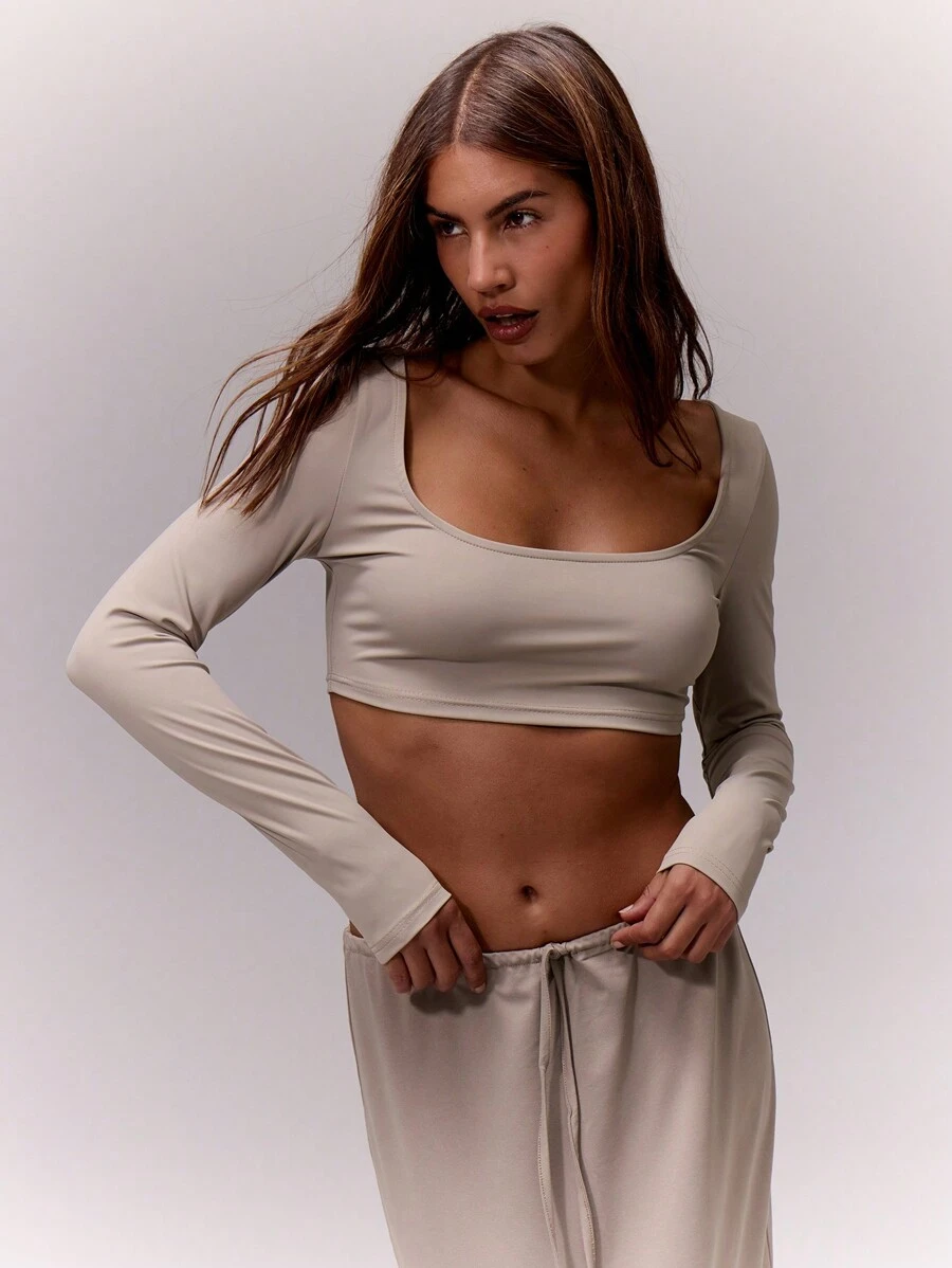 MUSERA Scoop Neck Fitted Long Sleeve Crop Top Casual Summer Spring Holiday - Dusty Purple - View 1