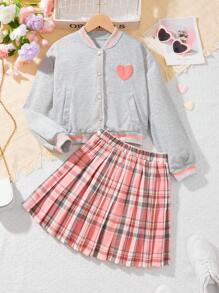 2 件 Tween Girl 心形设计短夹克和格子百褶裙返校套装 - 淺灰色 - 查看 1