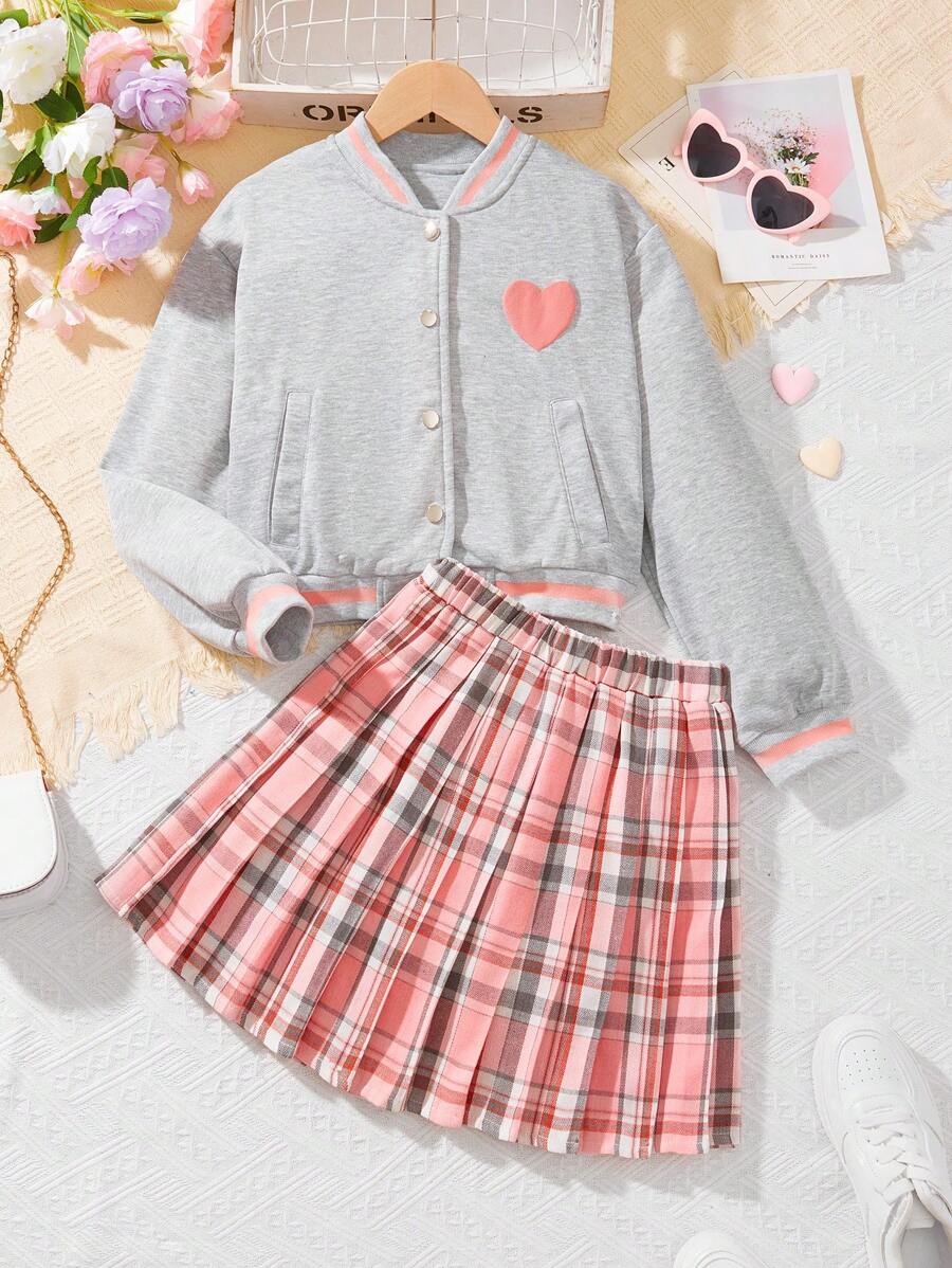 2 件 Tween Girl 心形设计短夹克和格子百褶裙返校套装 - 淺灰色 - 查看 1
