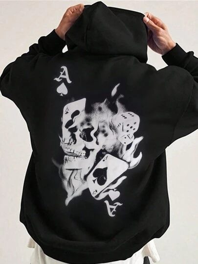 Manfinity ZONE917 Men's Oversized Drop Shoulder Hoodie With Card & Skull Print, For Fall, Long Sleeve Top