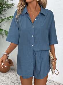 EMERY ROSE 2pcs Women's Button-Up Collared Blouse And Shorts Set - Blue - View 5