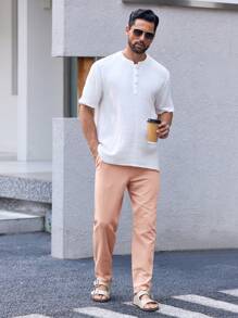 Manfinity VCAY Men's Solid Color Front Tie Pocket Minimalist Casual Pants - Pink - View 6