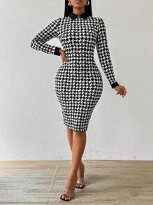 SHEIN Lady Spring And Summer  Office Dress  Dresses  Casual Elegant Work 
Houndstooth Bodycon Dress Shirt Collar Tweed 
Women Dresses
